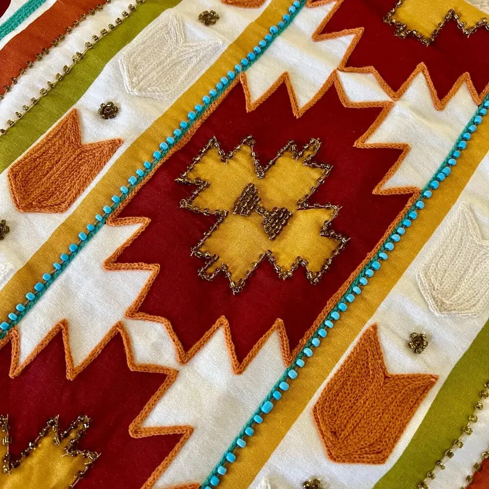 Southwestern Western Lumbar Pillow Cover 20x14 Embroidered Fringe Beaded Cotton